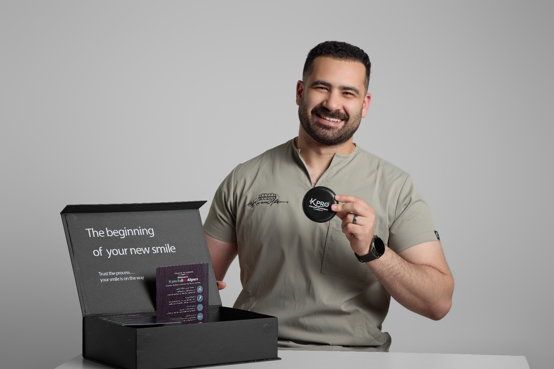 Dr. Kareem Abu Samra with K Pro Italian Aligners packaging